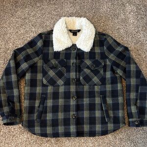 Women’s Tartan Plaid Blue Yellow Sherpa Lining Jacket Size L